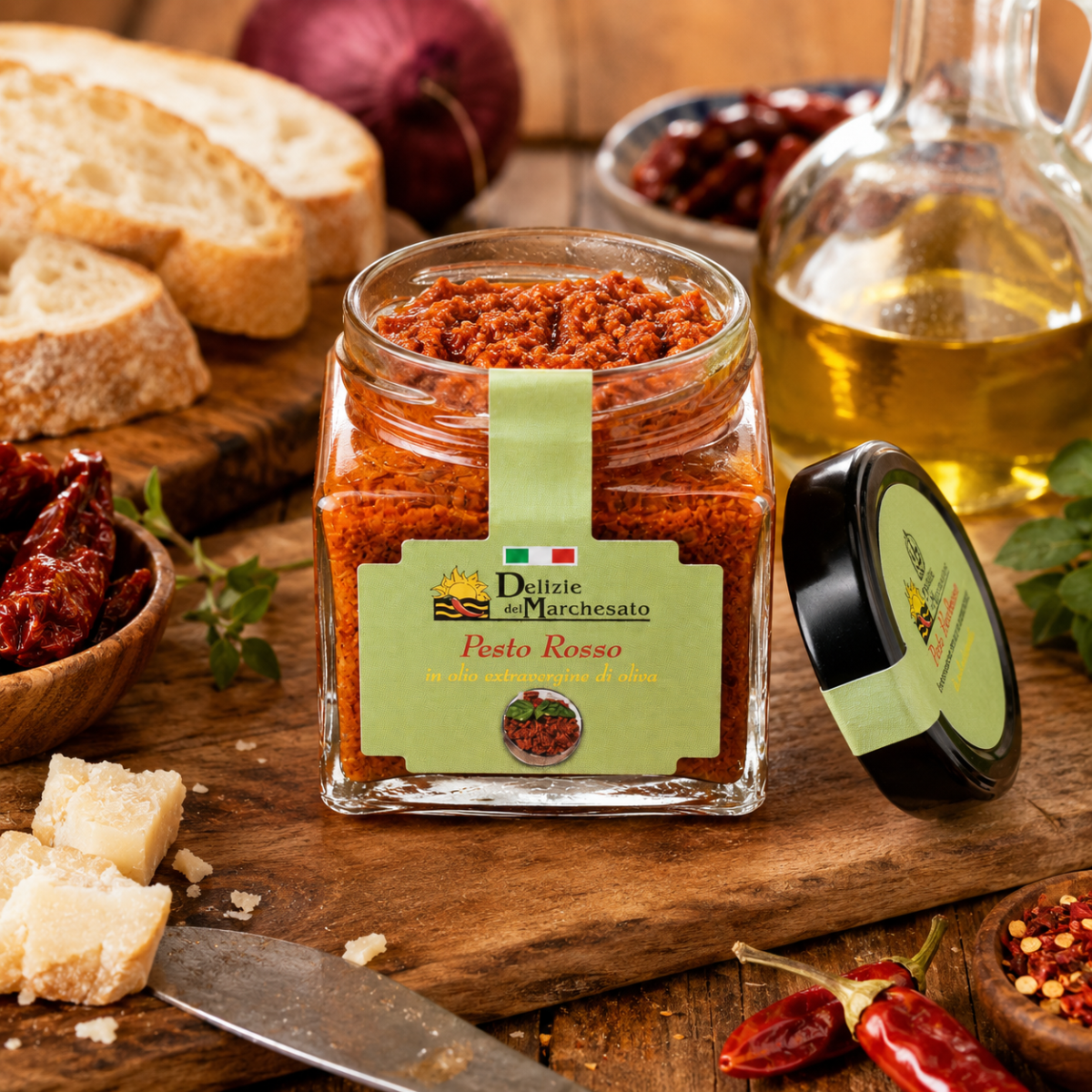 Vasetto di Pesto Rosso Calabrese con pomodori secchi pecorino mandorle e basilico Delizie del Marchesato