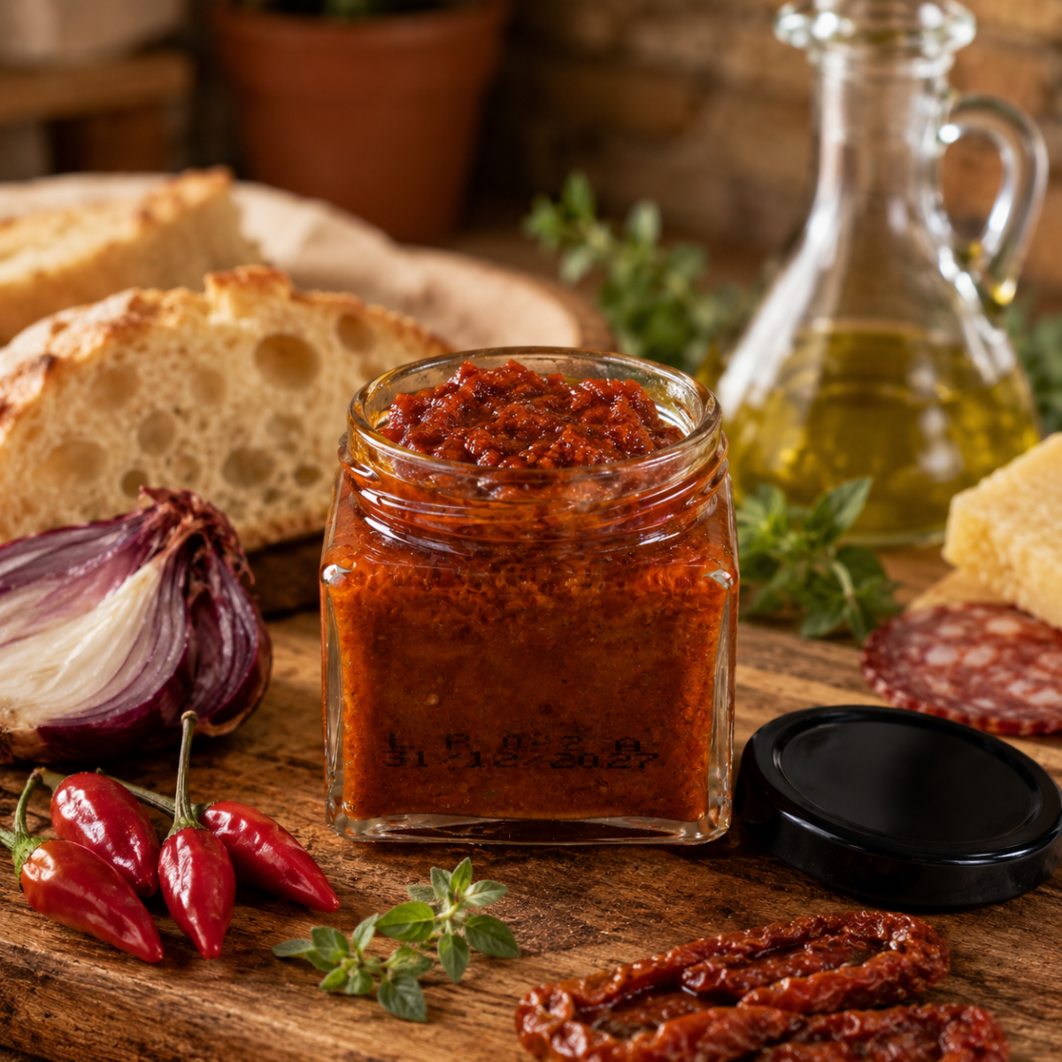 Vasetto di Pesto Rosso Calabrese con pomodori secchi pecorino mandorle e basilico Delizie del Marchesato
