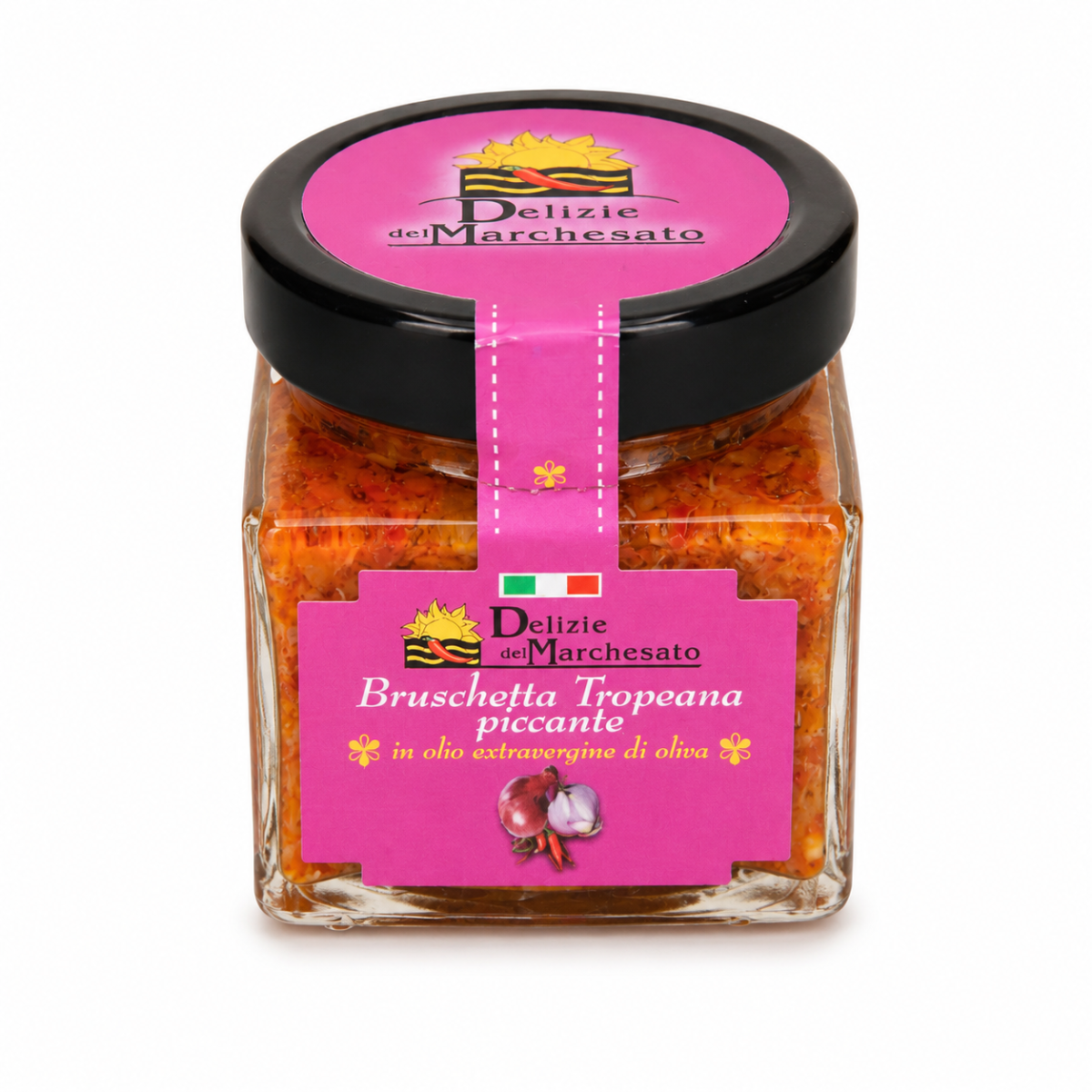 Vasetto di Bruschetta Tropeana Piccante con cipolle rosse peperoncino melanzane carciofi e peperoni Delizie del Marchesato