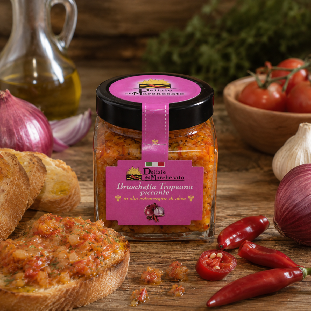 Vasetto di Bruschetta Tropeana Piccante con cipolle rosse peperoncino melanzane carciofi e peperoni Delizie del Marchesato