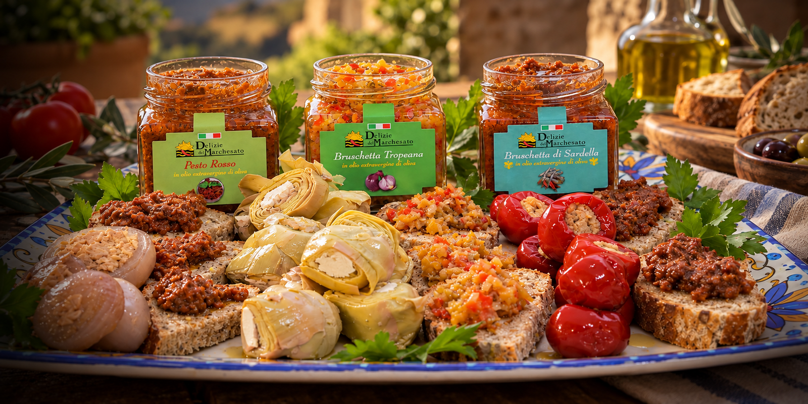 Selezione di prodotti tipici calabresi artigianali Delizie del Marchesato con bruschette, pesto rosso, carciofi ripieni e peperoncini su un tagliere. |