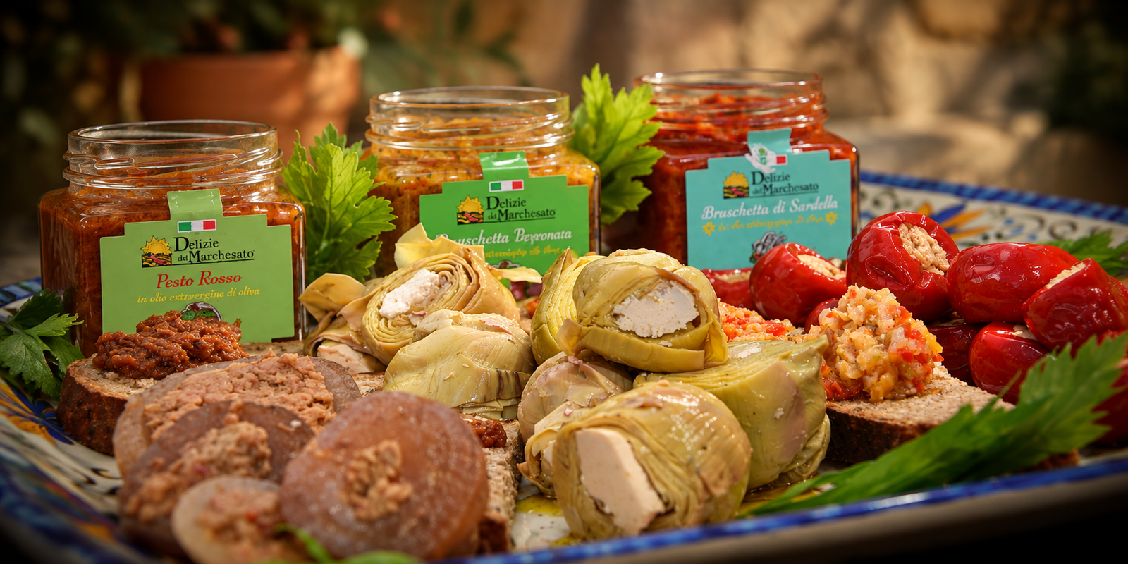 Selezione di prodotti tipici calabresi artigianali Delizie del Marchesato con bruschette, pesto rosso, carciofi ripieni e peperoncini su un tagliere